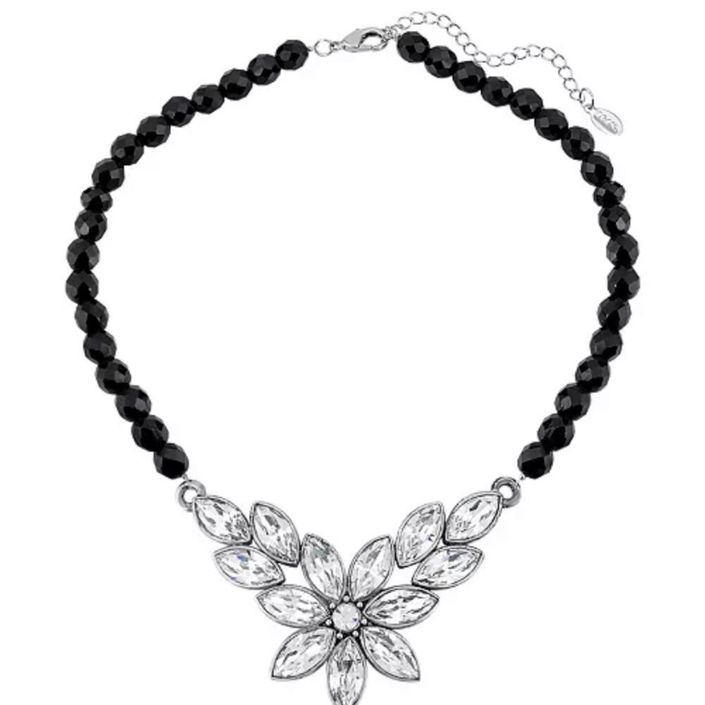 1928 Jewelry Austrian Crystal Flower & Black Glass Beaded Necklace